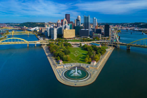 Pittsburgh Skyline Aerial With Fountain Two Rivers And Bridges Stock Photo  - Download Image Now - Istock