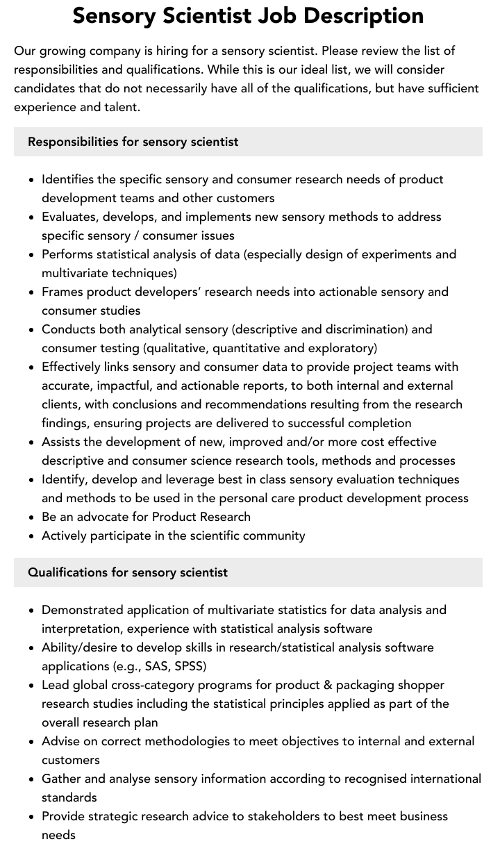 Sensory Scientist Job Description | Velvet Jobs